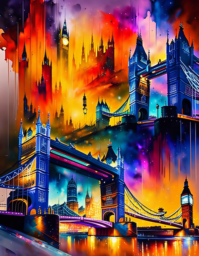 Colorful digital artwork: Tower Bridge and Parliament with surreal, melting sky