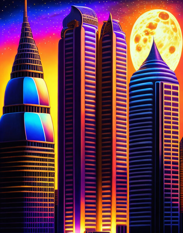 Detailed digital art of futuristic skyscrapers with glowing windows under a starry sky and a large moon