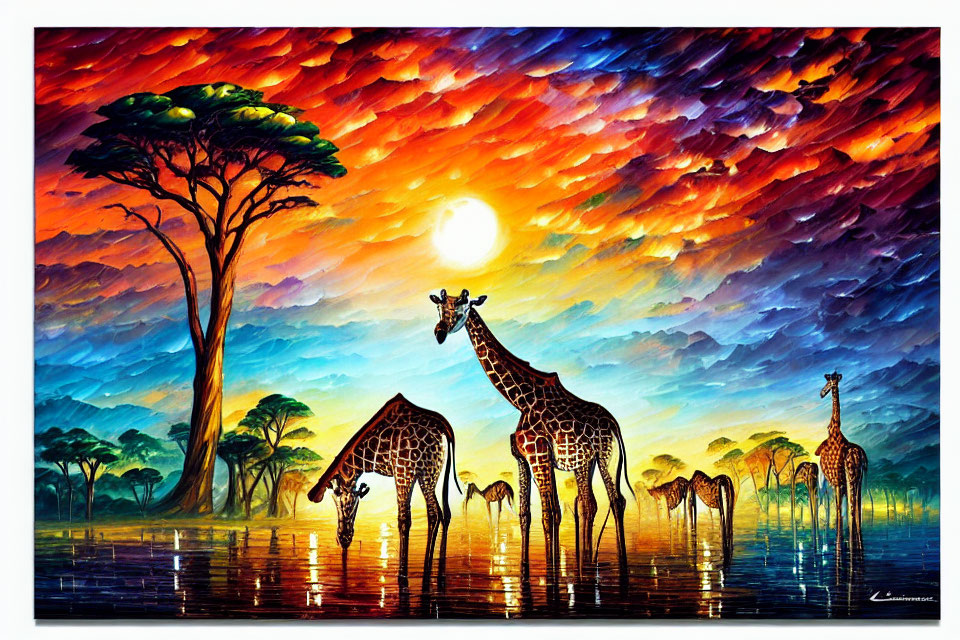 Vibrant sunset painting featuring giraffes by water with colorful sky.