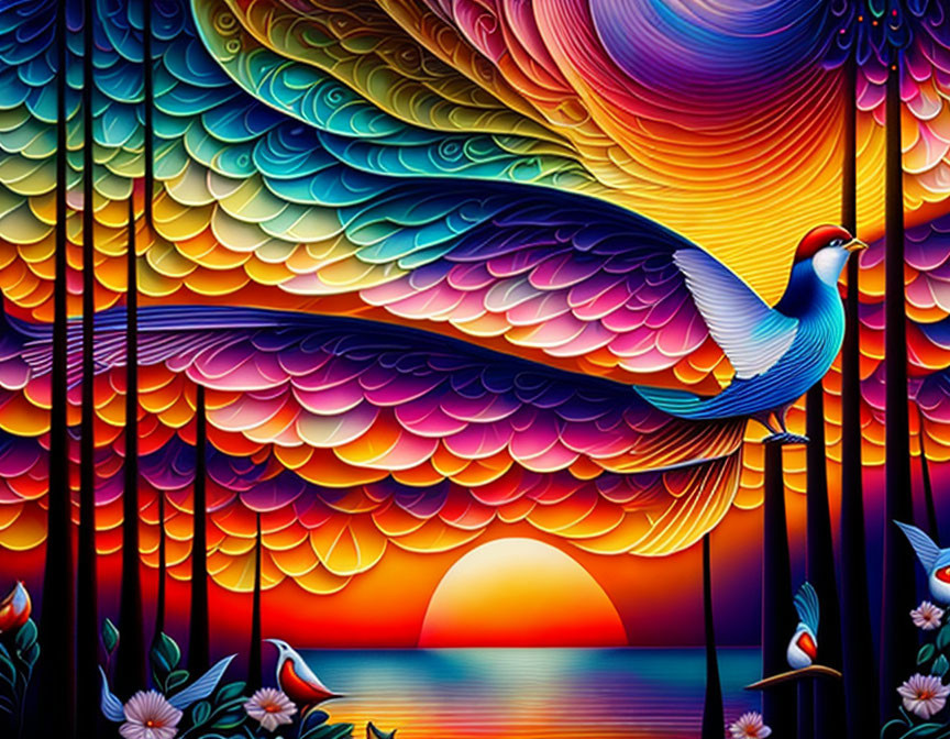 Vibrant bird in stylized forest with colorful sunset sky