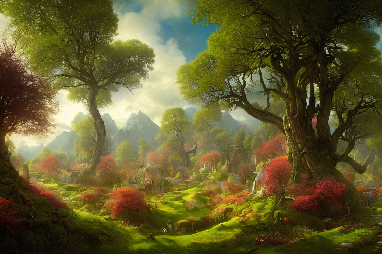 Tranquil fantasy landscape with towering trees, green hills, red flora, village, misty mountains