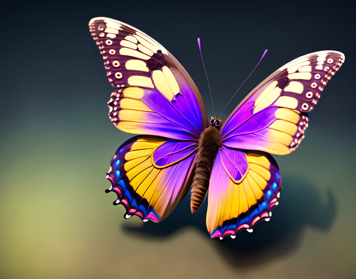 Colorful Butterfly with Purple and Yellow Wings in Mid-Flight