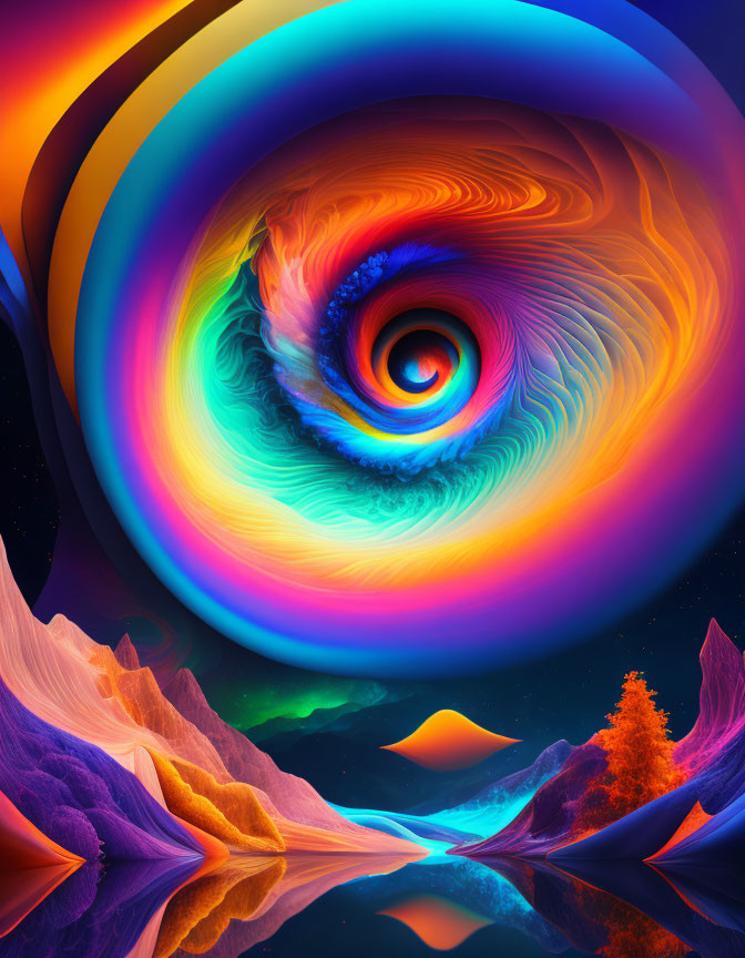 Colorful Rainbow Vortex Over Reflective Landscape with Mountains