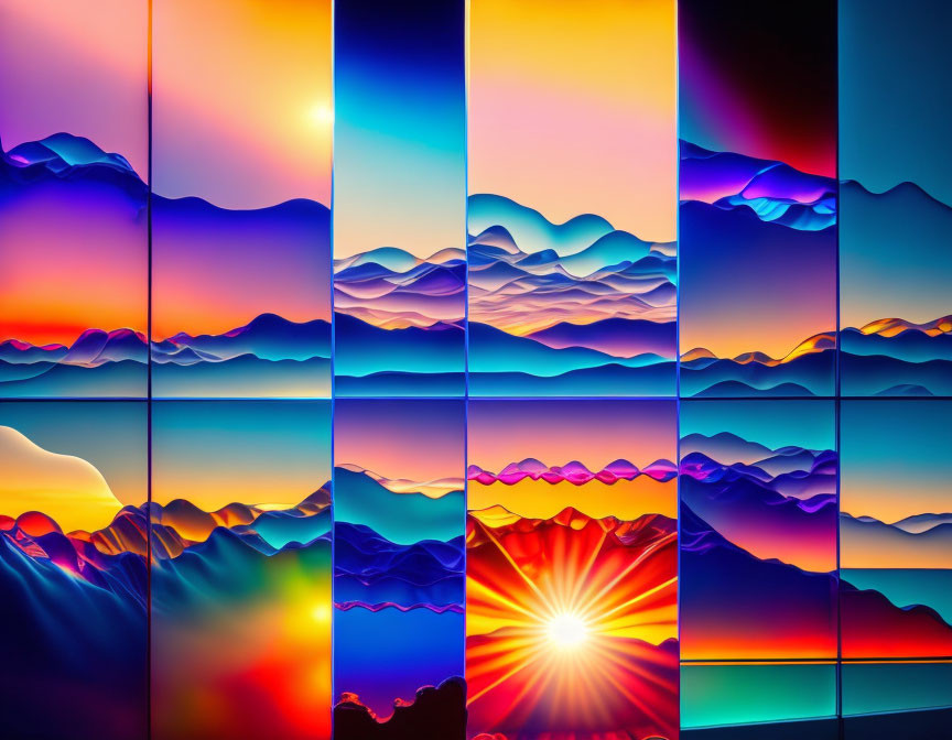 Digital Artwork: Stylized Mountain Silhouettes with Gradient Skies