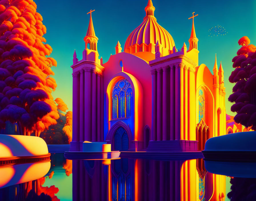 Neon-colored cathedral and trees reflected in calm water on deep blue sky