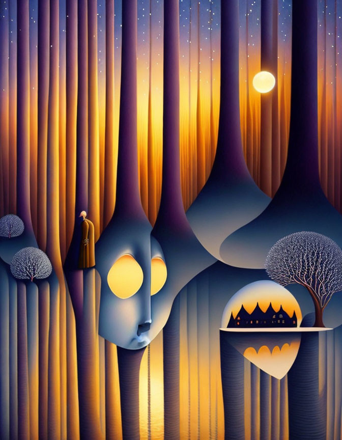 Colorful surreal illustration with fluid shapes, masked façades, trees, and starry backdrop.