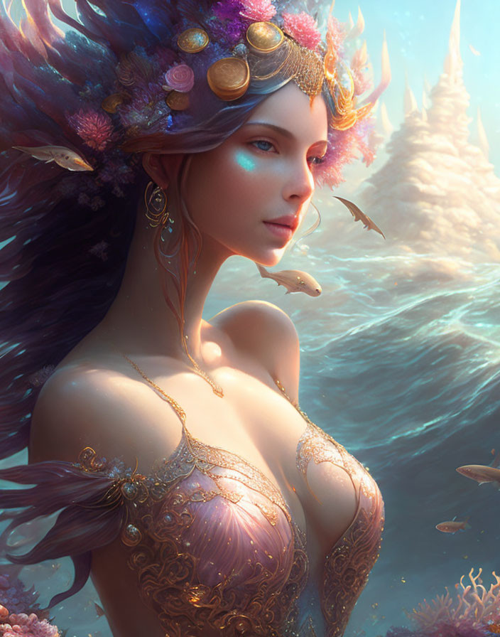 Ethereal woman with sea-themed headdress in fantasy underwater scene