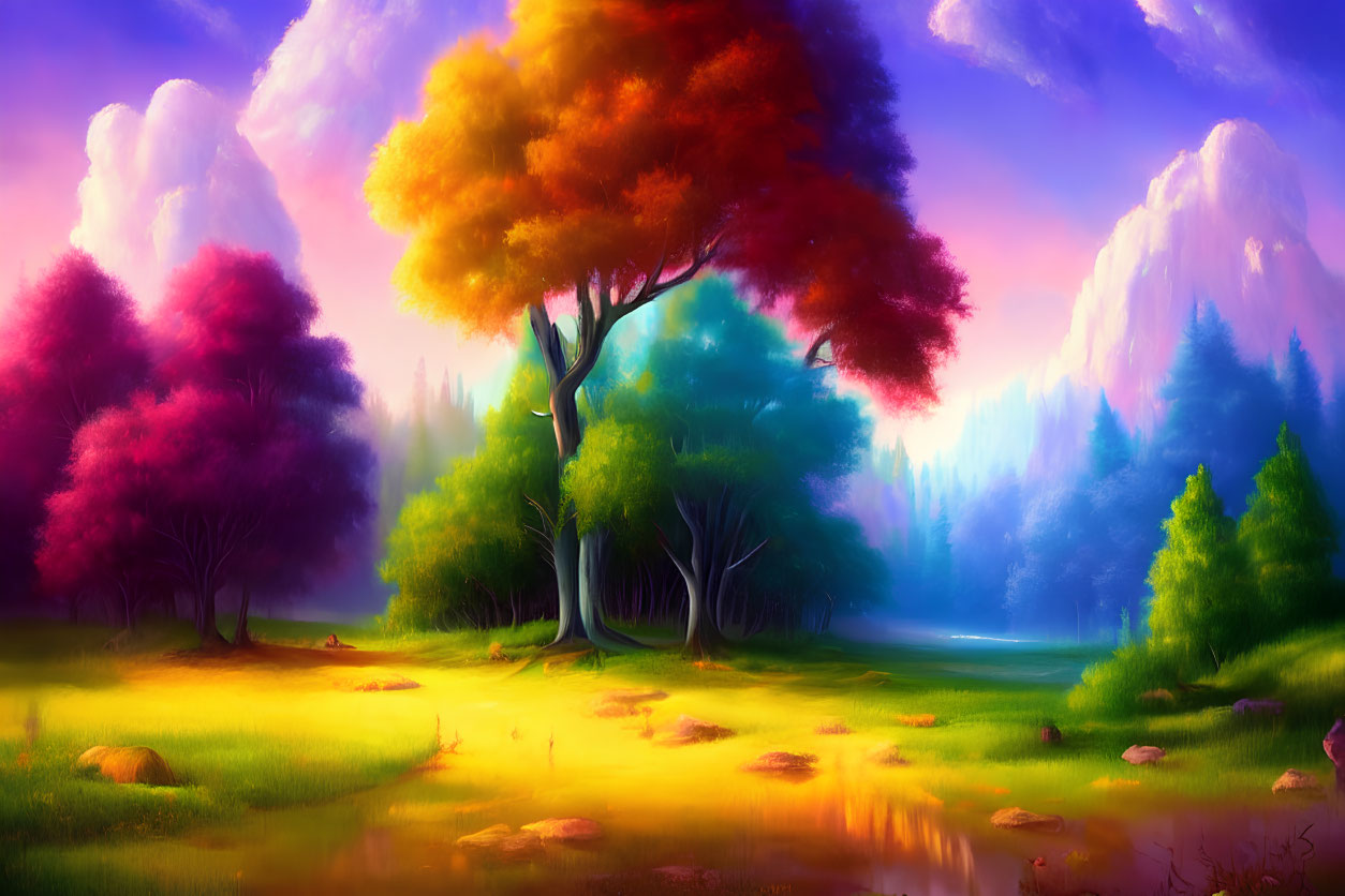 Colorful landscape with trees, meadow, and misty mountains