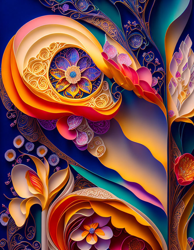 Colorful Abstract Floral Composition in Blue, Orange & Purple