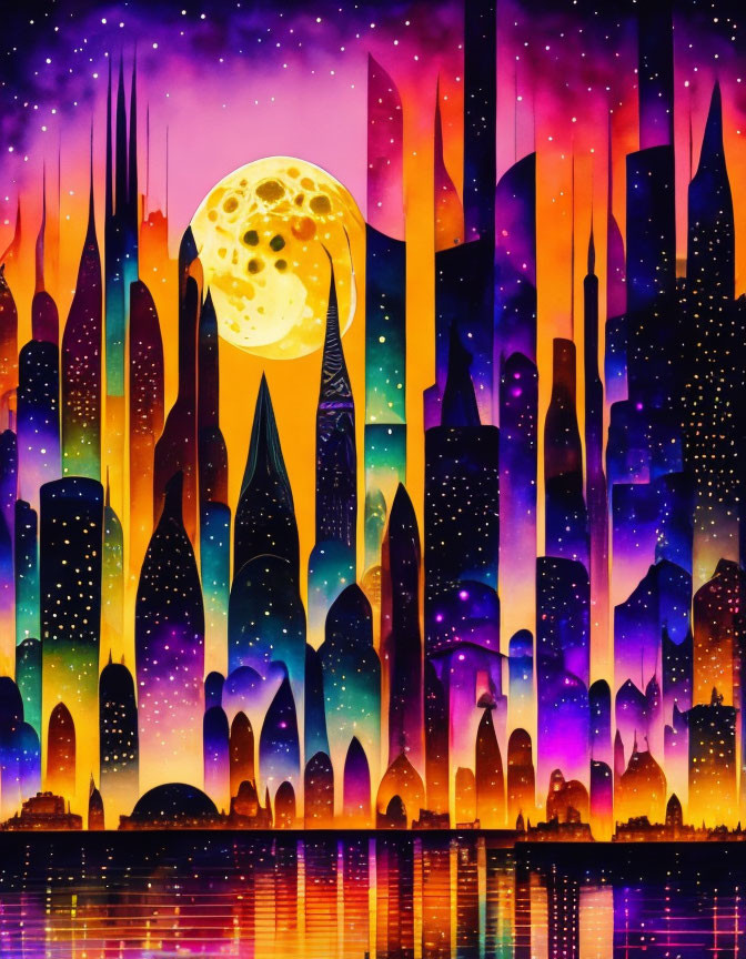 Surreal cityscape with towering spires, starry sky, moon, and water reflection