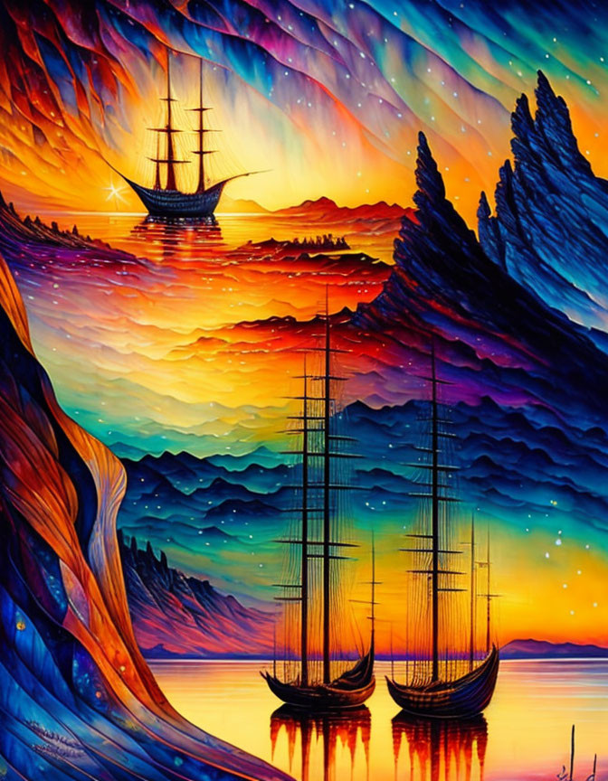 Colorful painting of ships sailing through mountain layers under aurora sky