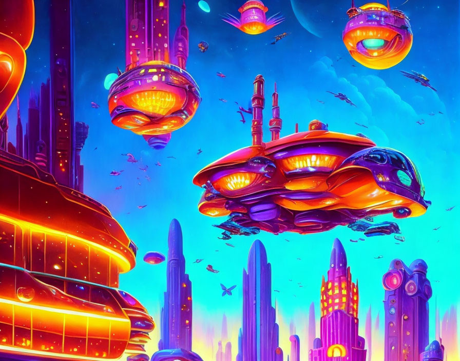 Futuristic cityscape with neon colors, flying cars, and skyscrapers