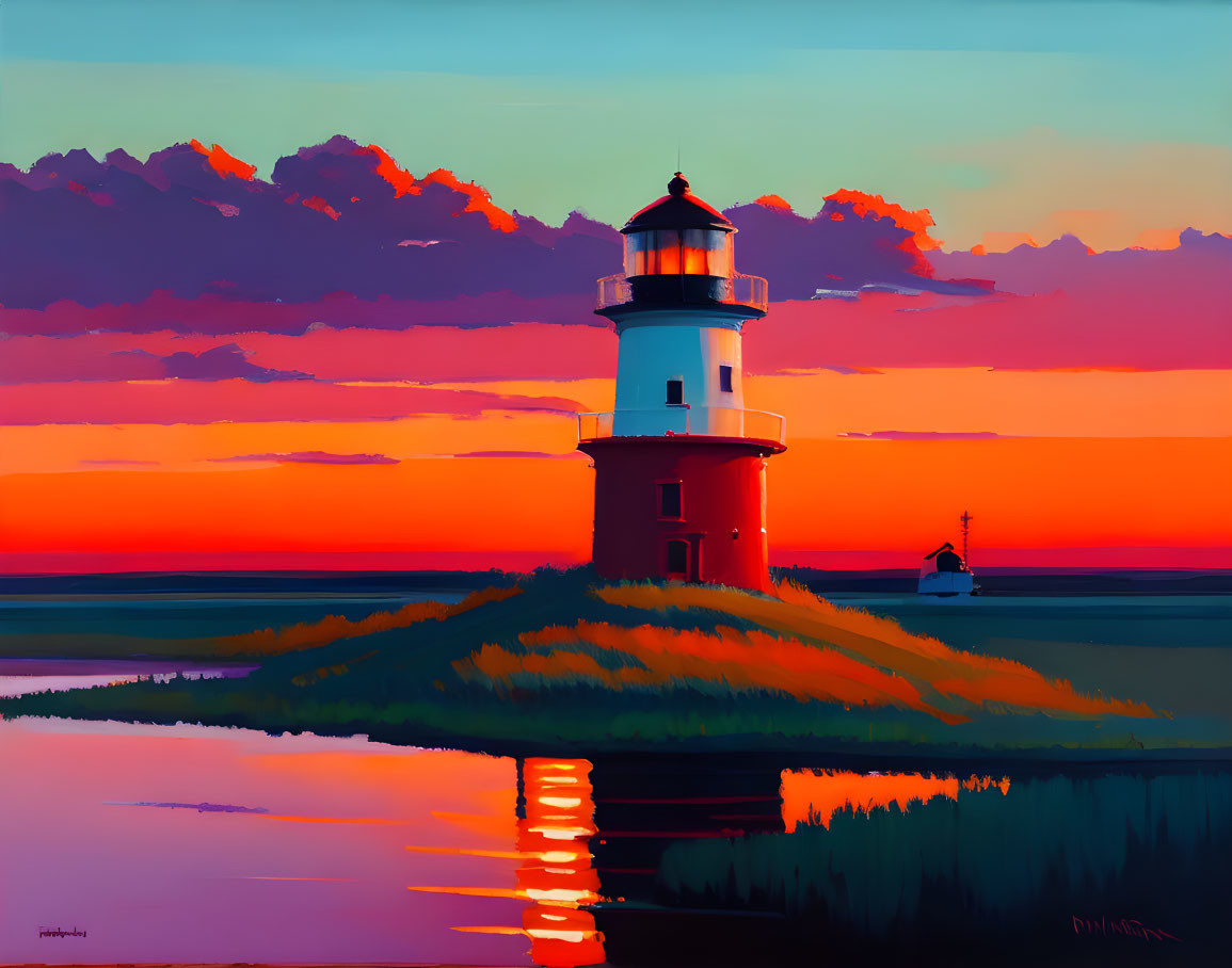 Colorful sunset scene with lighthouse, mountains, and ship