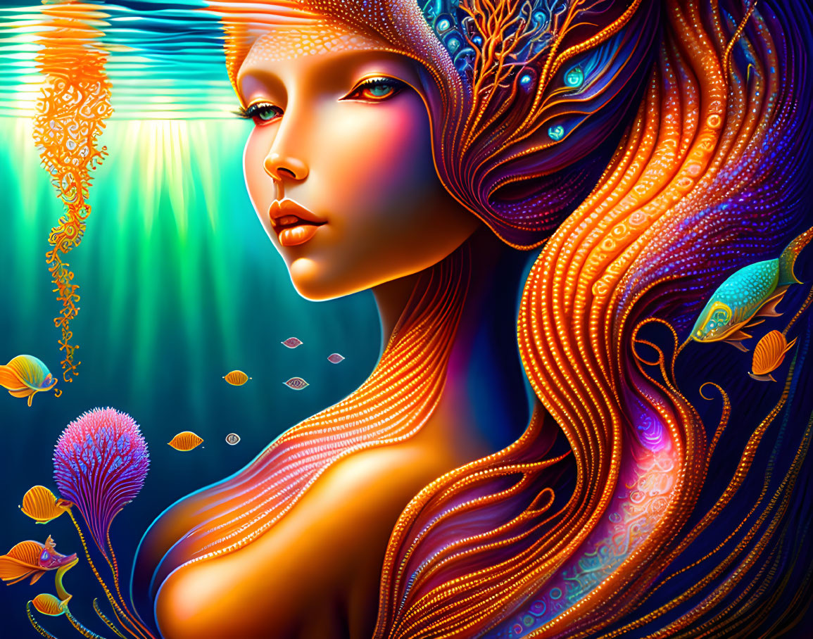 Colorful digital artwork: Woman with flowing hair and marine life in underwater scene