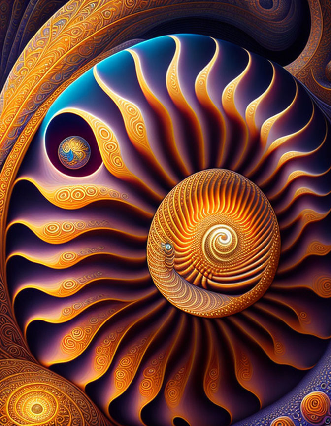 Colorful digital artwork: Fractal patterns in orange, blue, and gold