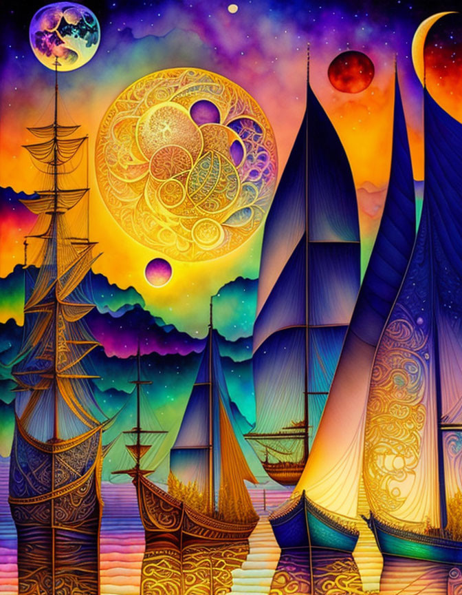 Colorful fantasy art: Ornate ships, tall masts, cosmic sky