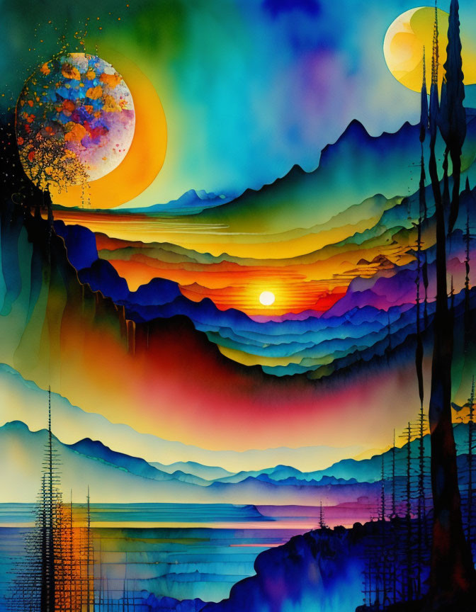 Colorful Watercolor Painting: Layered Mountain Landscape with Two Moons, Rising Sun, Trees,