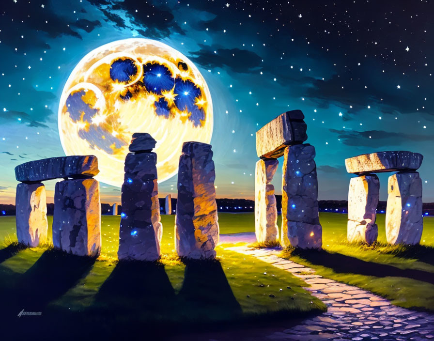 Stonehenge depicted under starry night sky with oversized moon.