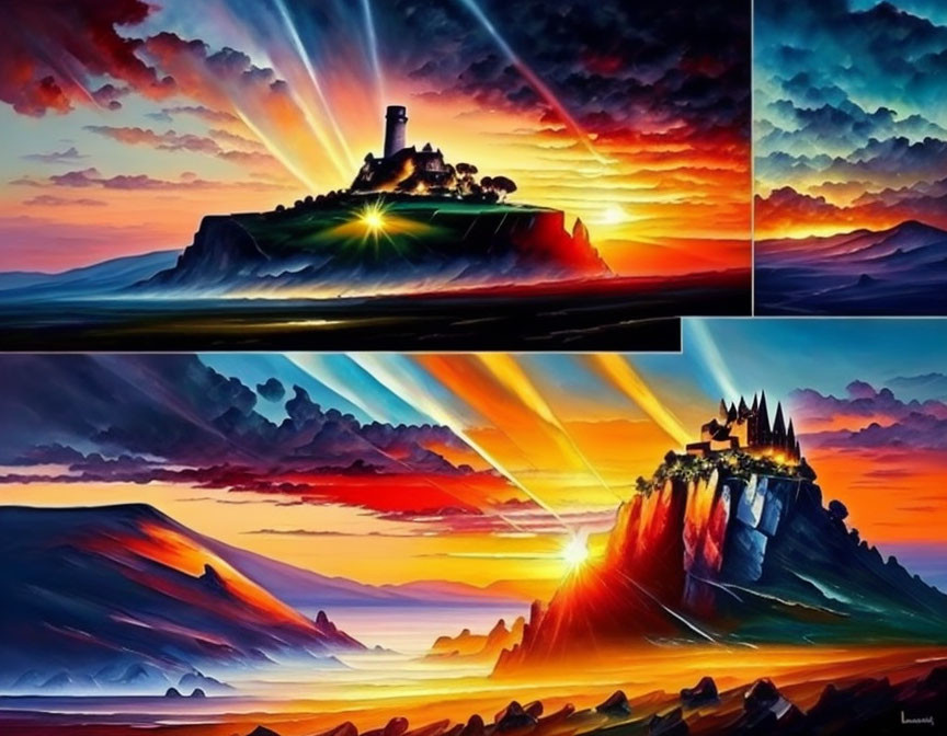 Digital Artwork: Dramatic Landscapes with Castles, Sunsets, and Clouds