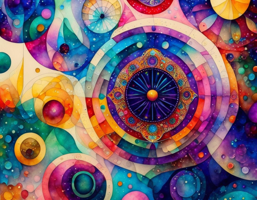 Colorful Watercolor Painting of Cosmic Celestial Bodies and Mandala Patterns