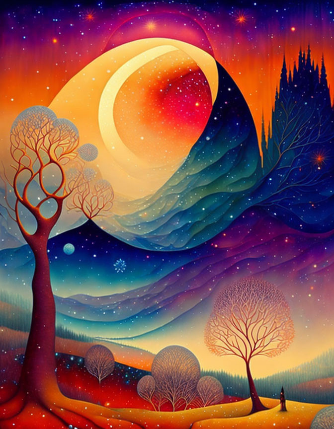 Colorful celestial body artwork with starry sky, trees, lone figure on gradient backdrop