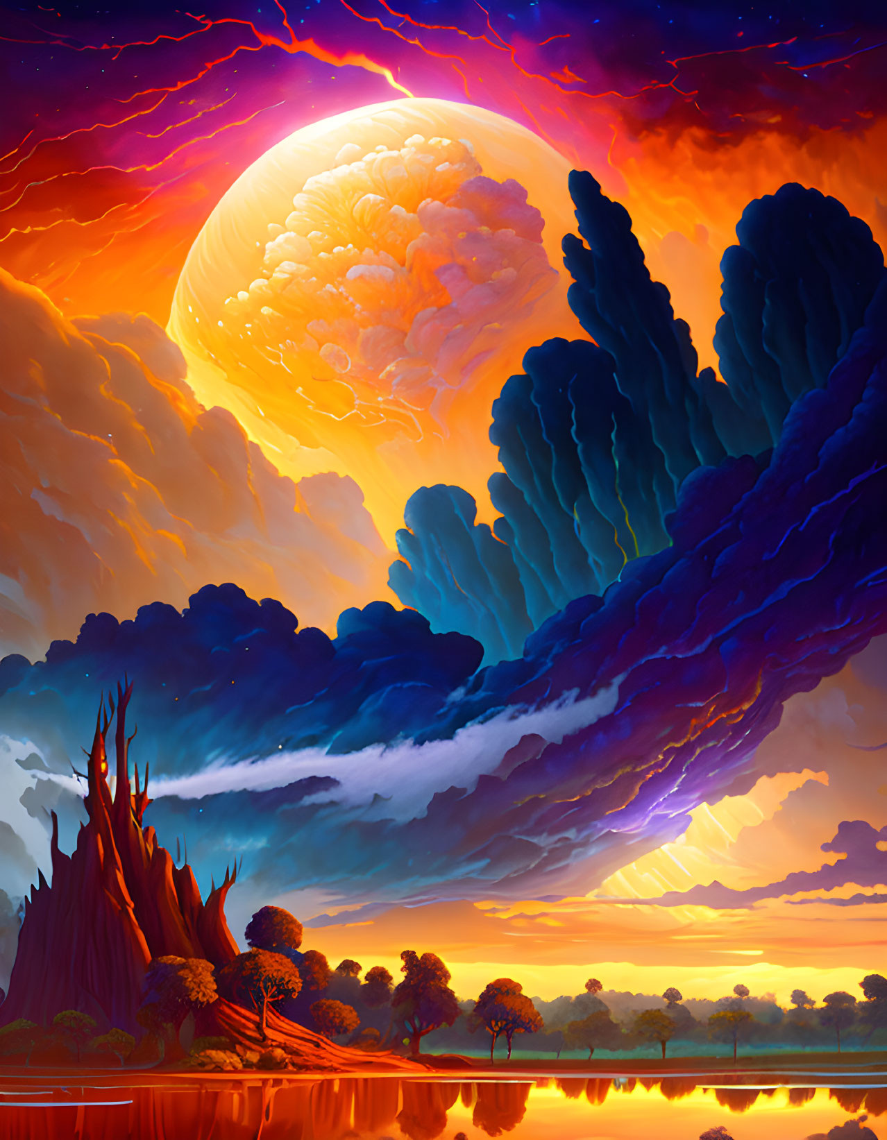 Fantasy landscape with fiery sky, massive moon, towering spires, and tranquil water at dusk