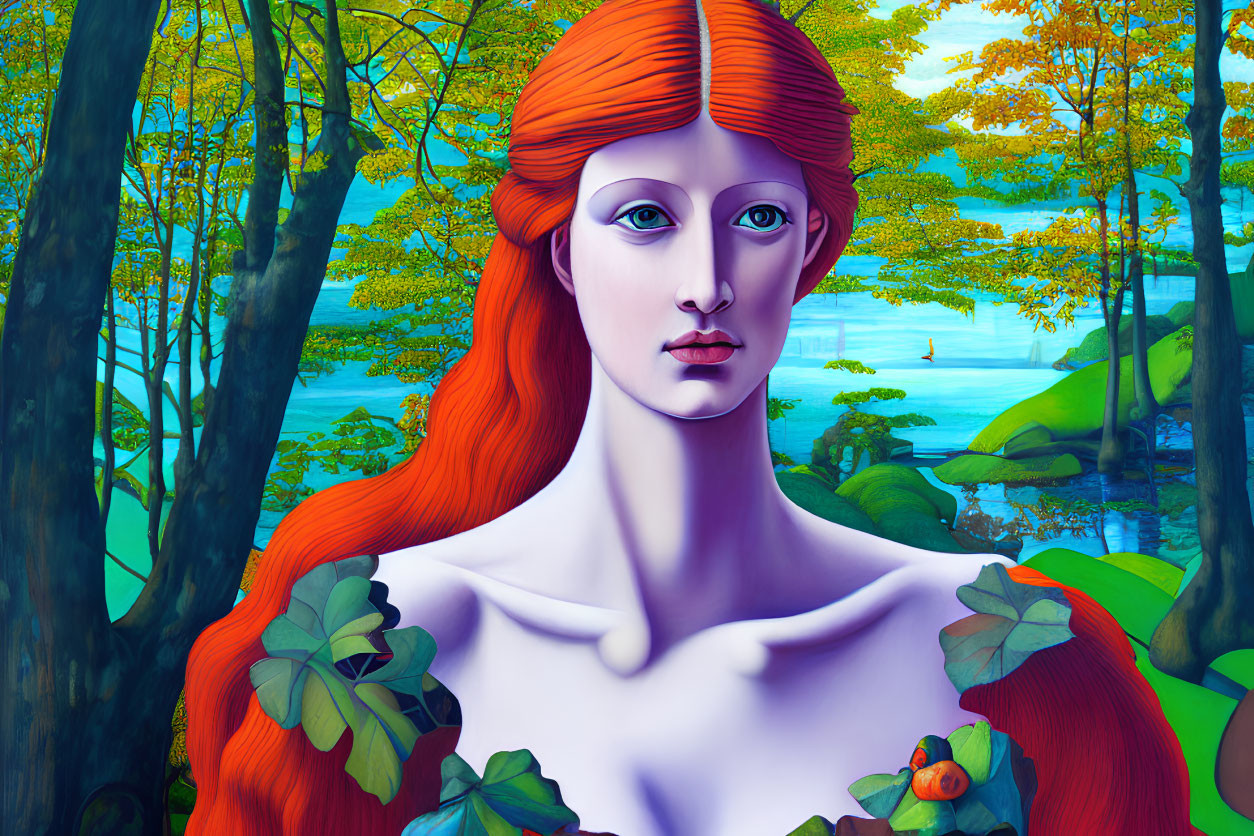 Digital painting: Woman with red hair in forest by blue lake