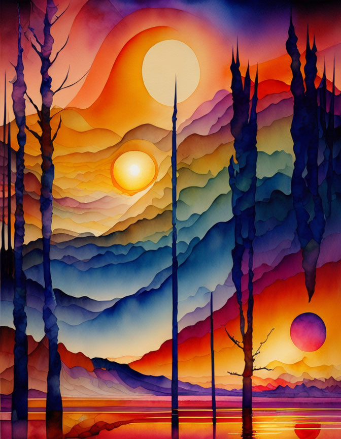 Colorful Watercolor Landscape: Layered Mountains, Three Suns, Silhouetted Trees