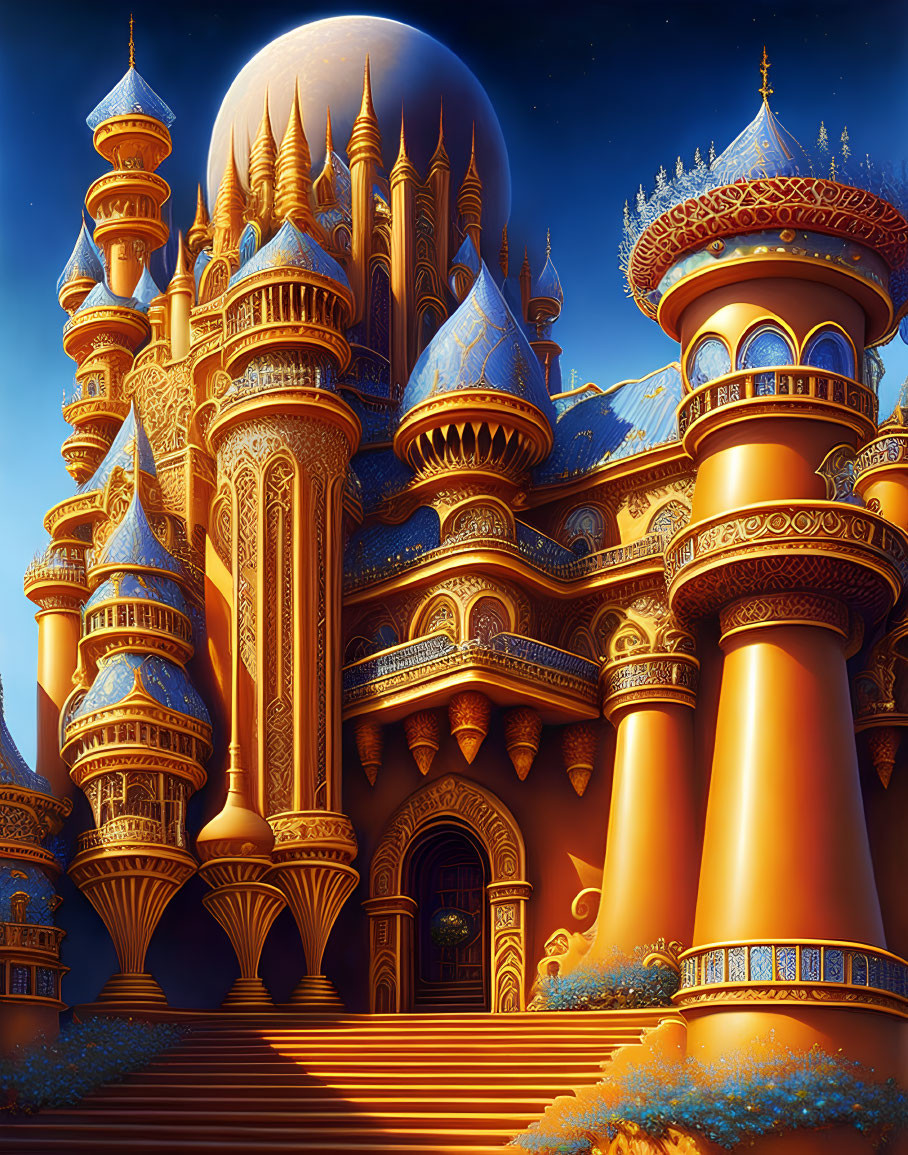 Fantastical palace at night with glowing golden light and blue domes