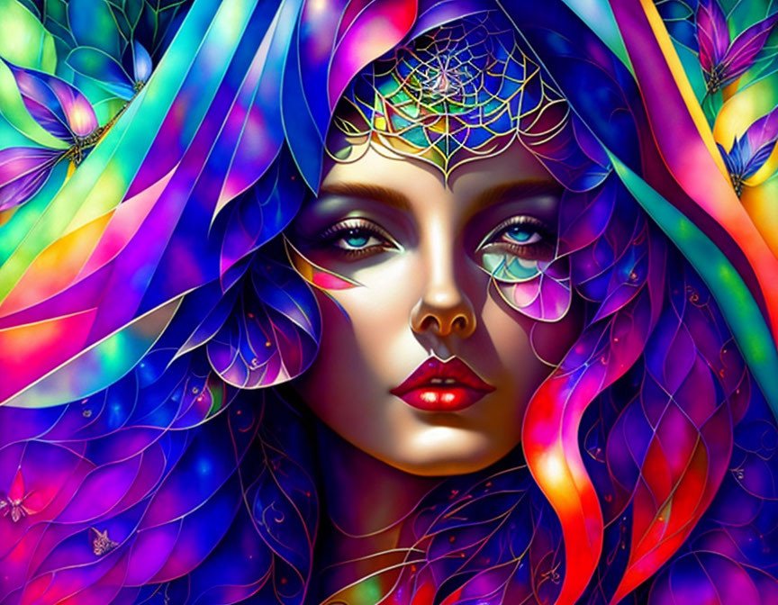 Colorful digital portrait of a woman with butterfly and floral hair design.