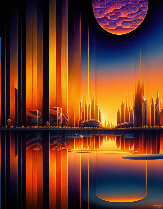 Futuristic cityscape at sunset with skyscrapers, moon, and reflective water.