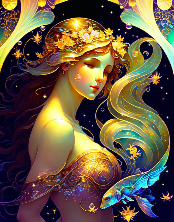 Fantasy illustration of woman with golden hair, flower crown, stars, fish on dark background