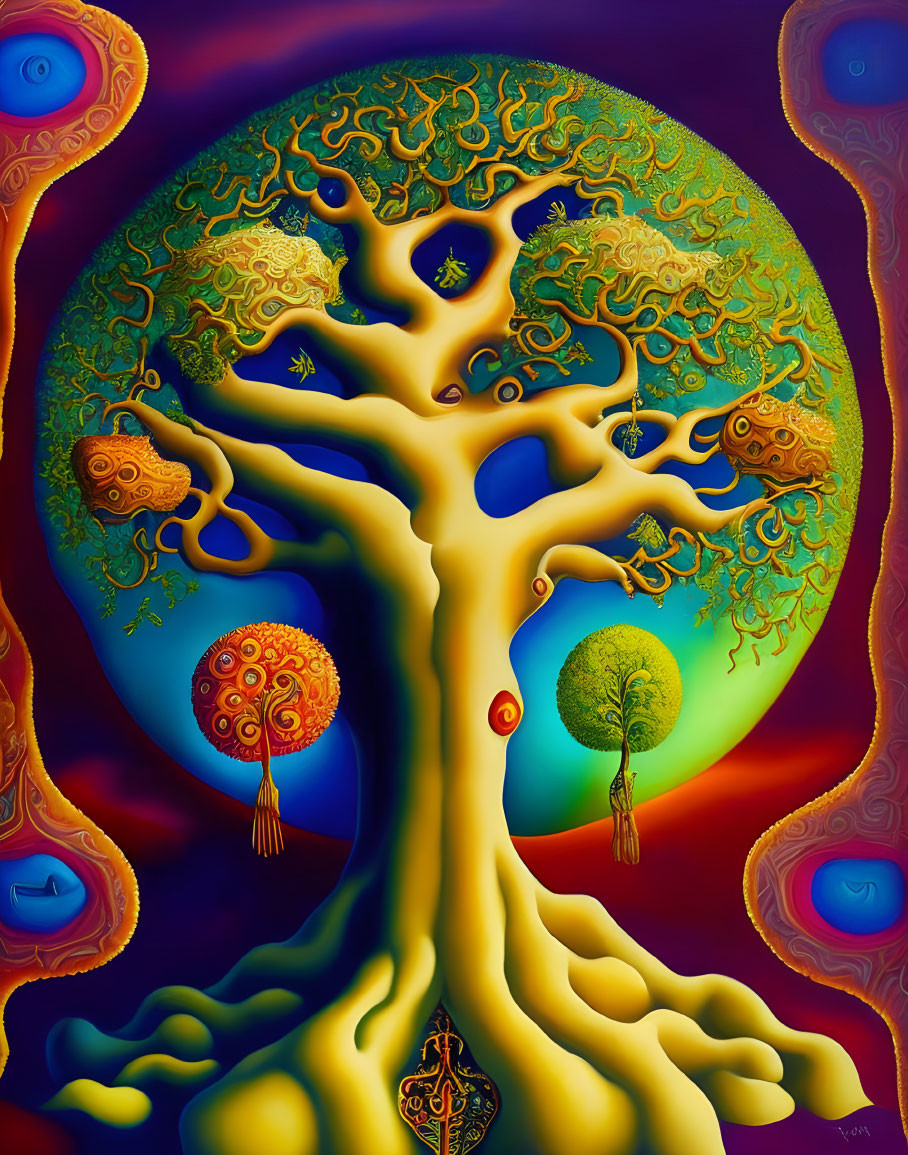 Colorful surreal painting of intricate tree against abstract backdrop