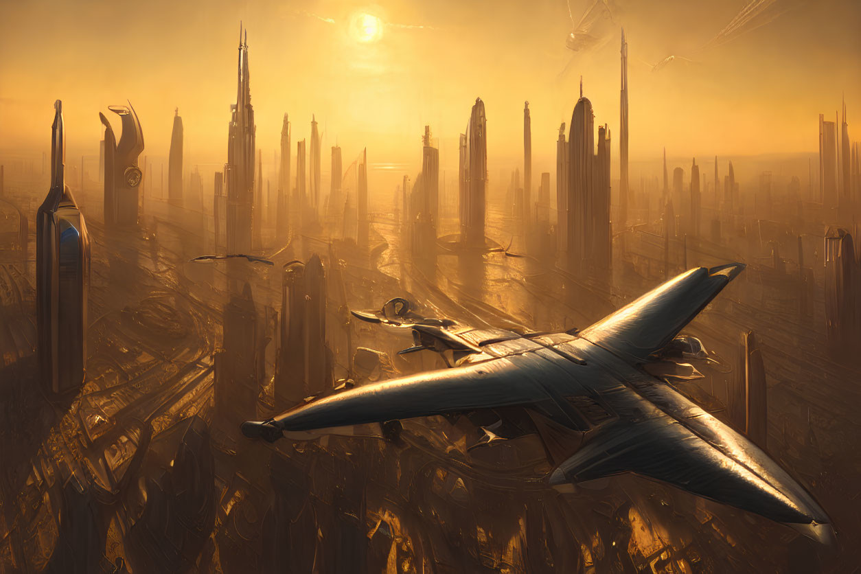 Futuristic sunset cityscape with skyscrapers and aircraft