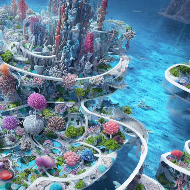 Fantastical Underwater City with Coral Structures and Diverse Marine Flora