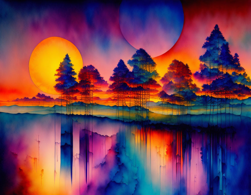 Colorful Watercolor Landscape: Silhouetted Pine Trees, Dual Moons, Gradient Skies