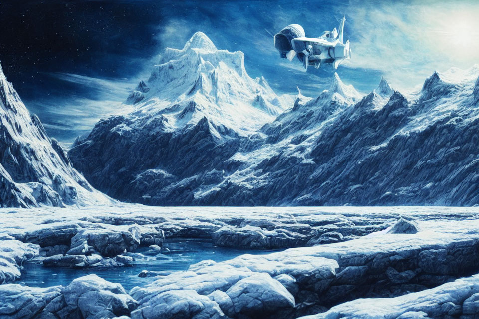 Futuristic aircraft flying over frozen mountains at night