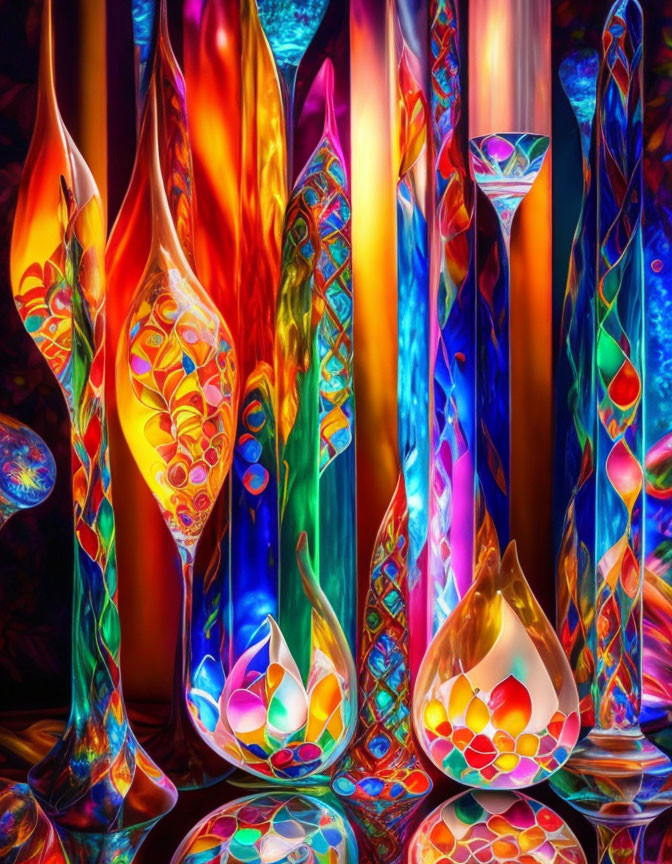 Colorful Glass Art Pieces with Flame-Like Patterns and Fluid Forms