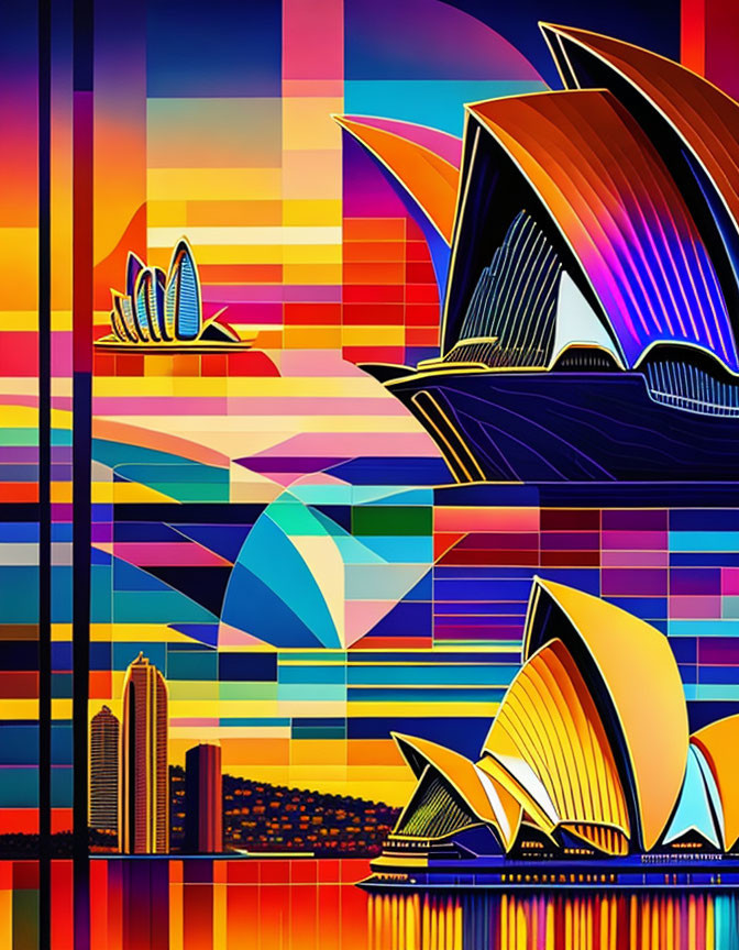 Colorful digital artwork: Sydney Opera House with geometric patterns