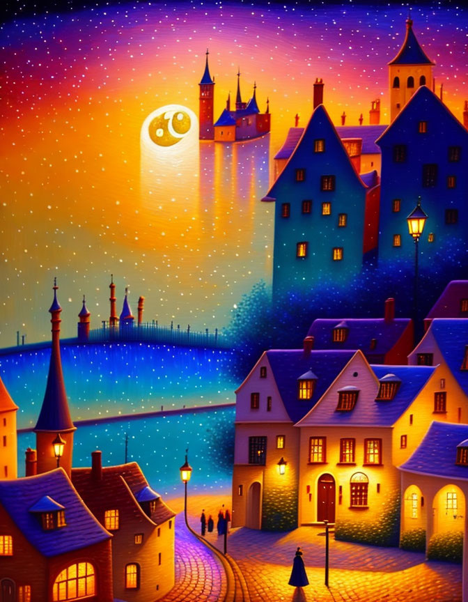 Colorful Village Painting with Whimsical Houses and Yin-Yang Moon