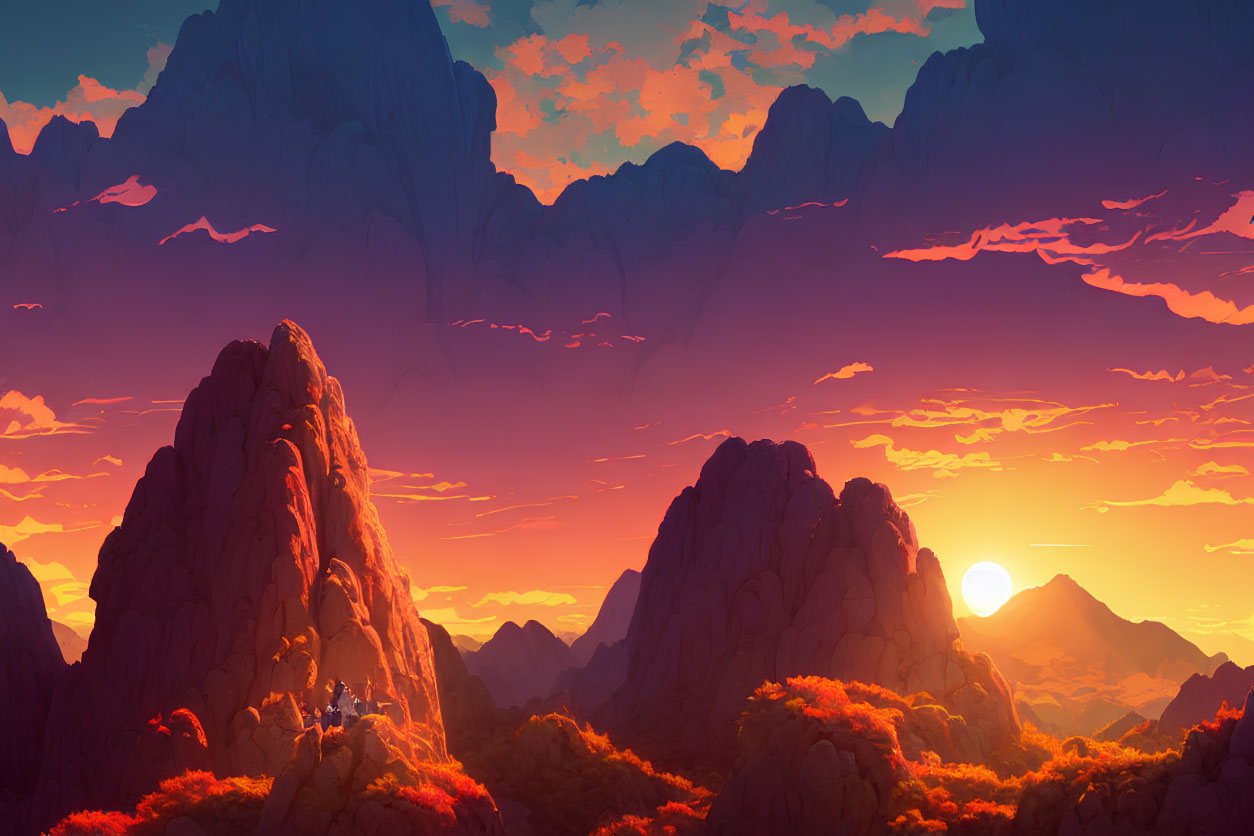 Vivid orange and purple sunset over rocky peaks and lush foliage