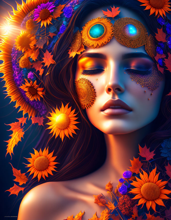 Colorful digital artwork of a woman with floral hair decor in orange and blue tones