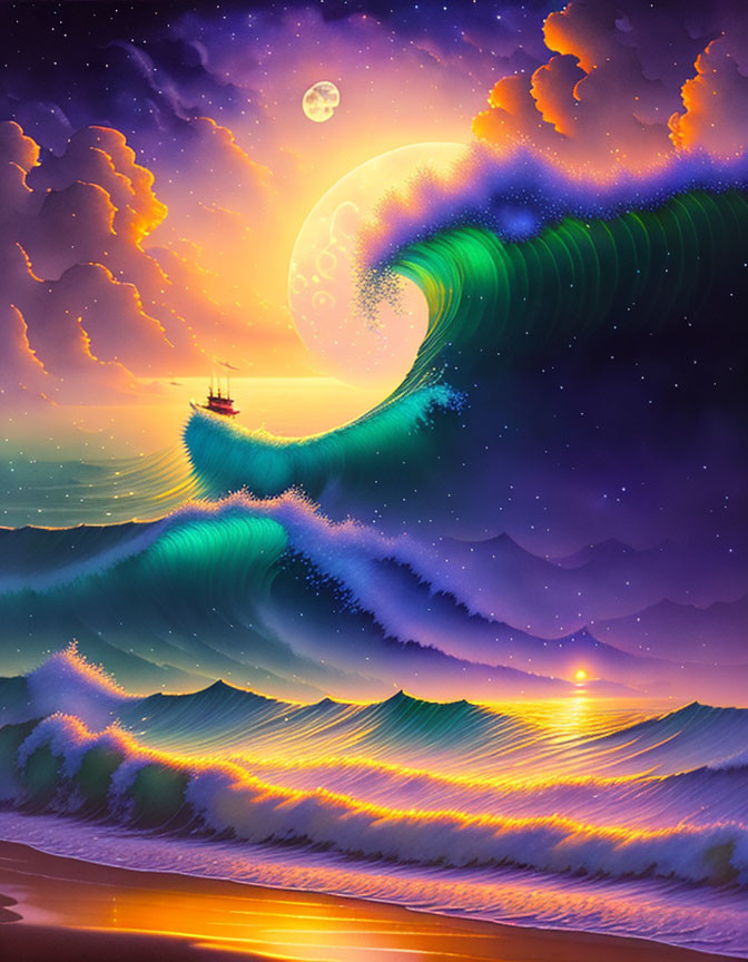 Surreal seascape with large wave, ship, starry sky, full moon