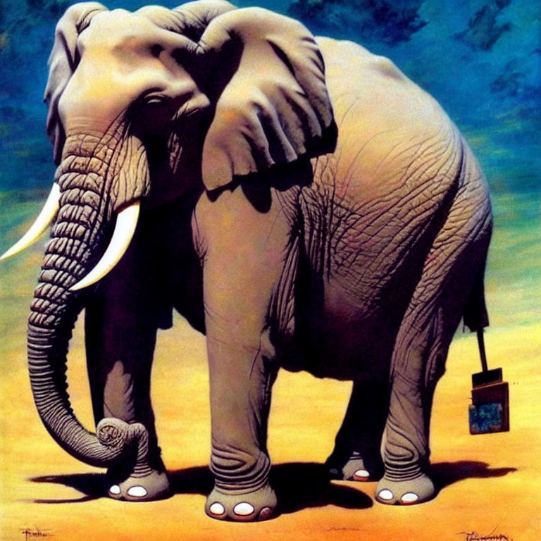 Elephant in white sneakers holding brown suitcase