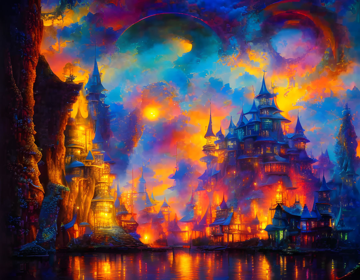 Fantasy castle with multiple spires in vibrant fiery sky and tranquil water reflection