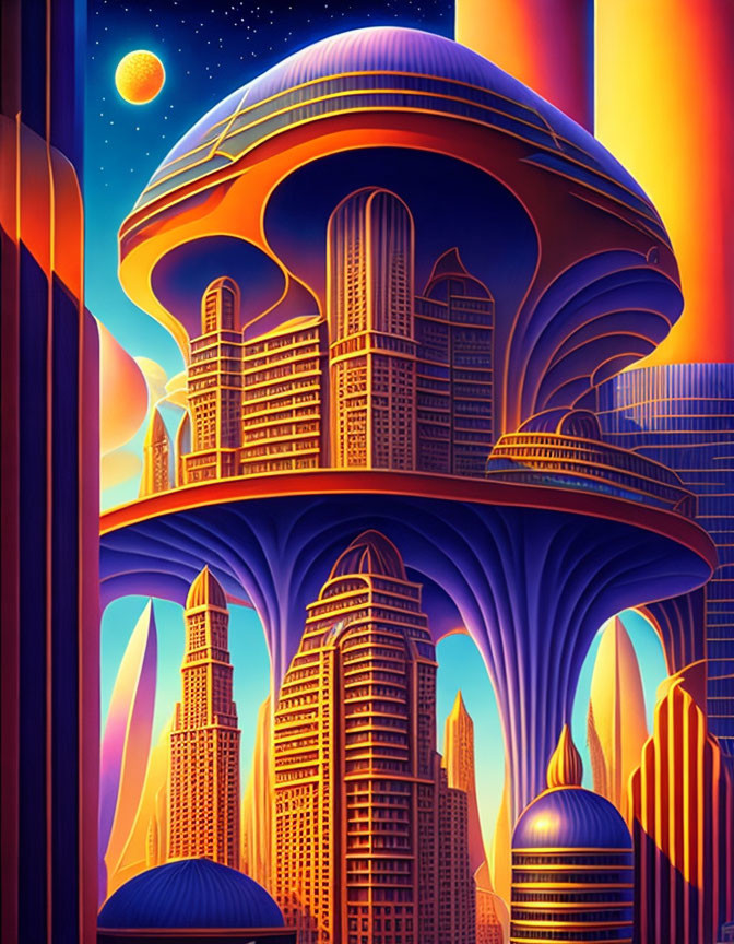 Futuristic cityscape under massive dome with starry sky