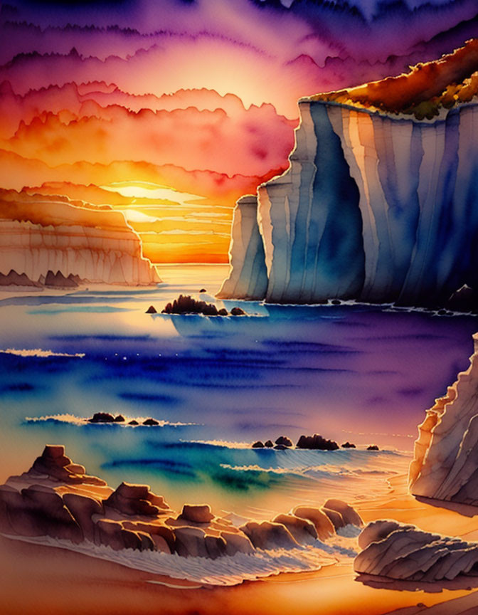 Sunset watercolor painting with vibrant sky colors and serene sea.