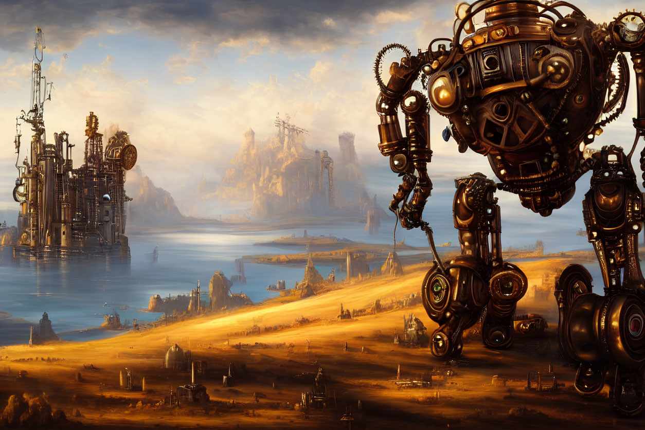 Futuristic cities and giant robot in vast desert landscape