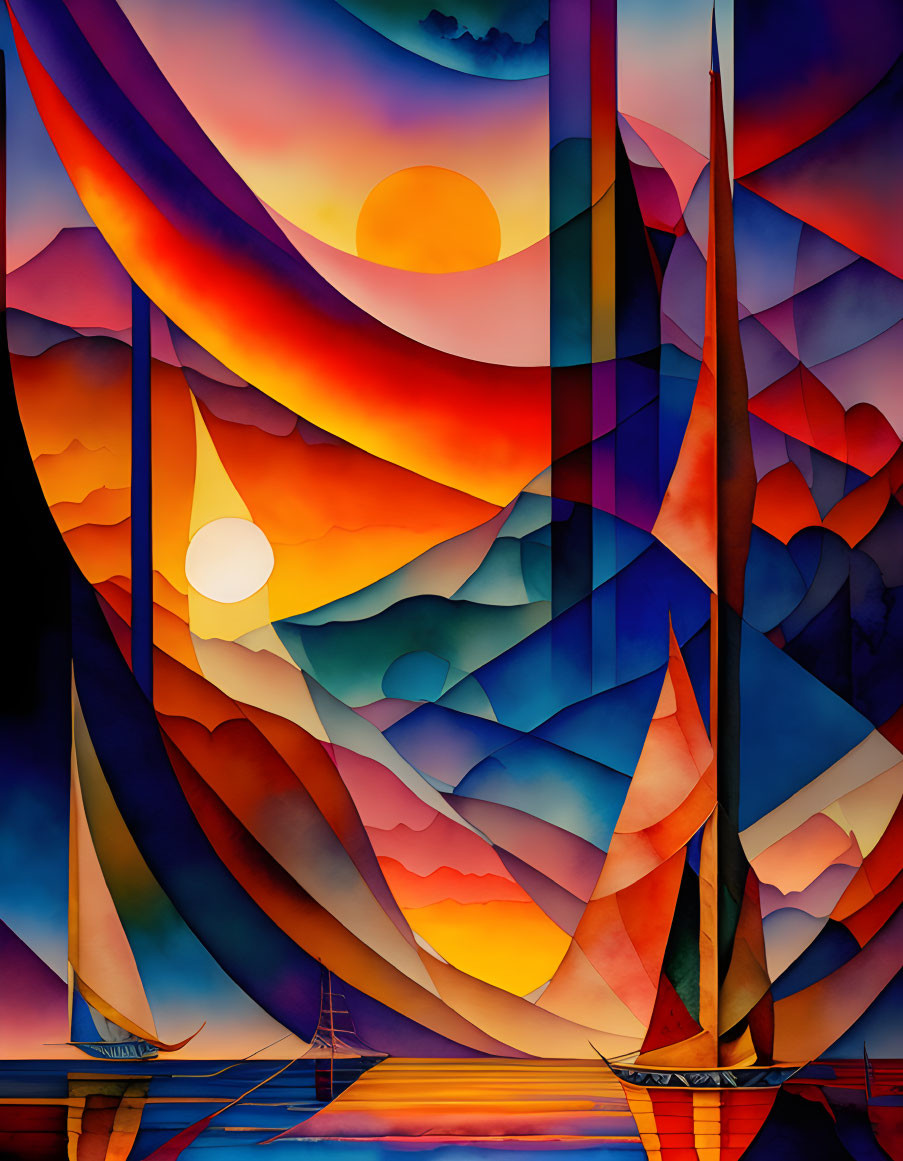 Vibrant abstract painting of colorful mountains with suns and geometric shapes