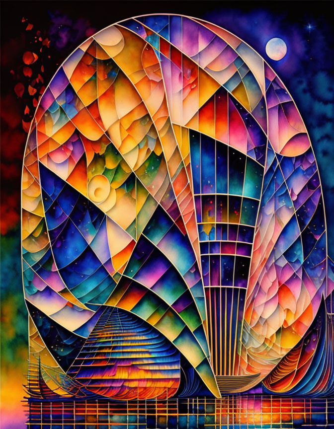 Colorful Abstract Painting with Geometric Patterns and Cosmic Background